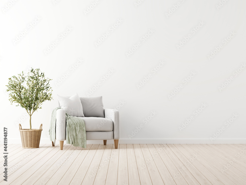 Traditional living room interior mockup with grey armchair and green throw standing by olive tree in wicker basket on empty white wall background. 3d rendering, illustration - obrazy, fototapety, plakaty 