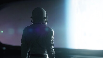 Wall Mural - alone astronaut looking at the huge illuminator of an unknown spaceship interior. 3d rendering
