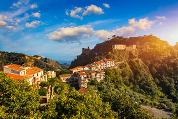 Savoca village in Sicily, Italy. Sicilian village Savoca. Houses on a hill in Savoca, small town on Sicily in Italy.