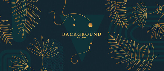 Wall Mural - Abstract background art with botanical leaves on dark blue or green background. Tidewater colors wall art decor. Boho style minimalistic background. Vector illustration.