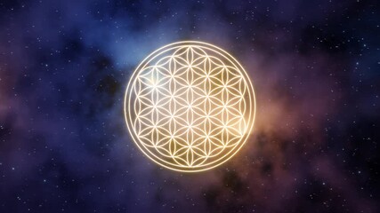 Wall Mural - flower of life symbol in yellow color on a background of the universe with nebulae. 3d rendering