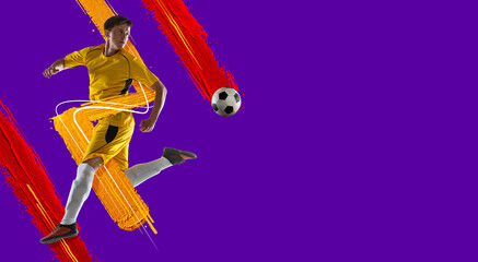 Wall Mural - Art collage. Young man, soccer footbal player training isolated in neon light background. Watercolor paints. Concept of sport, game, action.