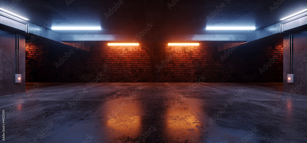 Neon Lights Grunge Sci Fi Underground Garage Car Room Cement Asphalt Concrete Brick Wall Realistic Blue Orange Colors Cyber Background 3D Rendering - obrazy, fototapety, plakaty 