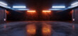Neon Lights Grunge Sci Fi Underground Garage Car Room Cement Asphalt Concrete Brick Wall Realistic Blue Orange Colors Cyber Background 3D Rendering