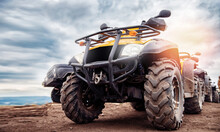 ATV Quad Bike On Forest Offroad, Front View. Concept Motocross Quadricycle Summer Travel Background