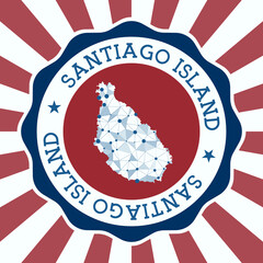 Santiago Island Badge. Round logo of island with triangular mesh map and radial rays. EPS10 Vector.