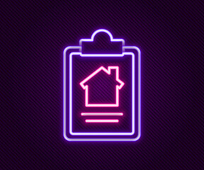 Glowing neon line House contract icon isolated on black background. Contract creation service, document formation, application form composition. Colorful outline concept. Vector