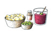 ilustración a color del clásico aperitivo español: vermut, patatas chips y olivas verdes. Hora del vermut. Dibujo a mano.