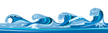 Tsumani Wave Background In Flat Cartoon Style. Big Blue Tropical Water Splash With White Foam. Vector Illustration