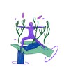 Illustration personnage qui fait du yoga sur une main. Cascade, rivière d'eau. Naturopathie, corps et bien-être. Organes et santé avec des algues et des plantes dans une main ouverte.