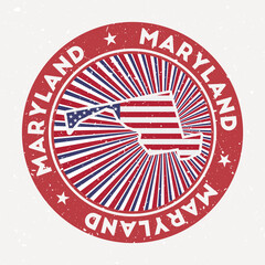 Wall Mural - Maryland round stamp. Logo of us state with flag. Vintage badge with circular text and stars, vector illustration.