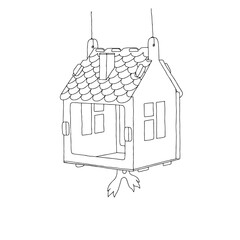 Black hand drawn outline vector illustration of A birdhouse or squirrel house from new boards is hanging on a tree in the forest isolated on a white background