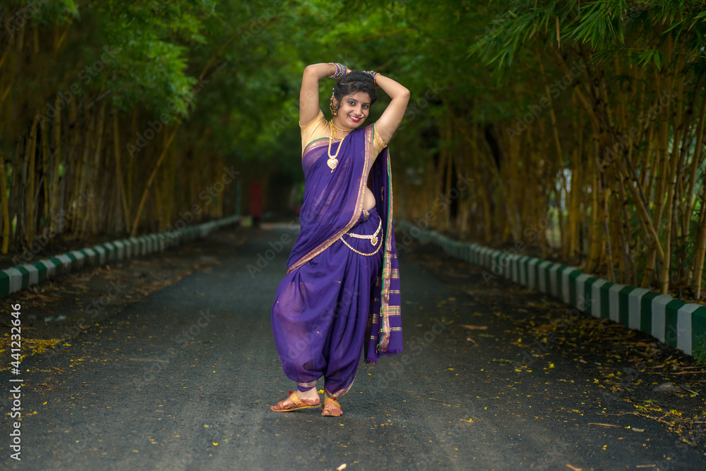 Indian Traditional Beautiful young girl in saree posing outdoors Stock ...