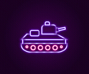 Poster - Glowing neon line Military tank icon isolated on black background. Colorful outline concept. Vector