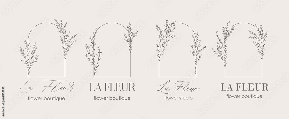 Logo design template and monogram concept in trendy linear style with arch - floral frame with copy space for text or letter - emblem for fashion, beauty and jewellery, Wedding invitation, socia. - obrazy, fototapety, plakaty 