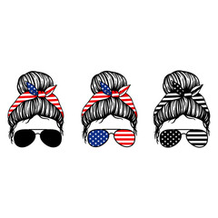 Wall Mural - 4th of july. Women with aviator glasses bandana and USA Flag print. Patriotic Messy Bun Mom Lifestyle. Vector illustration.  Isolated on white background. Good for posters, t shirts, postcards.