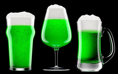 Wall Mural - Set of fresh green beer in different mugs with bubble froth isolated on black.