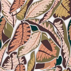  Dieffenbachia leaves seamless pattern in pastel colors.Floral endless wallpaper.Tropical foliage background.Trendy fabric design,wrapping paper,cover,card.Vector illustration.
