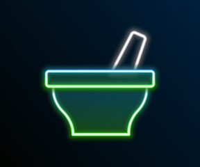 Sticker - Glowing neon line Mortar and pestle icon isolated on black background. Colorful outline concept. Vector