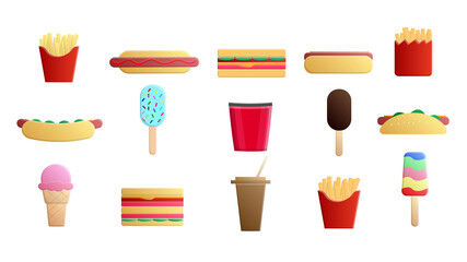 Wall Mural - Set of 15 icons of items of delicious food and snacks for a cafe bar restaurant on a white background: fries, sandwich, ice cream, popcorn, drink