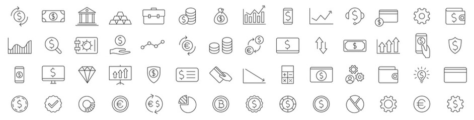 Wall Mural - Business and Finance web icons in line style. Money signs set. line icon set with money, bank, check, law, auction, exchance, payment, wallet, deposit, piggy, calculator. Vector illustration.