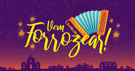 Traditional Party in Brazil. Festa de Sao Joao. Local Cultural Event. Brazilian Winter June Celebration. Typographic Vector Art. Colorful composition.