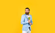 © be free - bearded man in elegant jacket hold flowers. wedding day. happy fathers day. mature bride groom with bouquet. hipster man hold tulip flowers. gift for romantic date