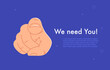 We need you. Flat vector illustration of human hand with the finger pointing and gesturing towards you like wanted person isolated on dark blue background. Bright banner for hr or promo and offer