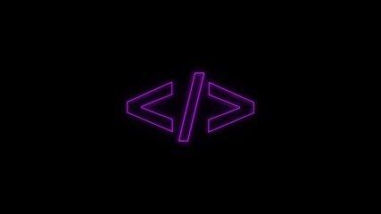 Fototapete - Abstract glowing purple neon symbol of code tag with glowing outlines on black background.