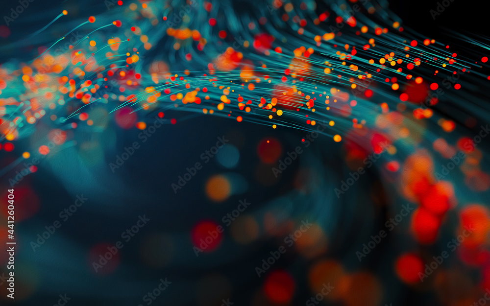 Abstract background with the movement of luminous particles. Digital technology connection concept. - obrazy, fototapety, plakaty 
