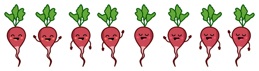 Wall Mural - Cute kawaii style radish root vegetable icon, eyes closed, mouth open. Version with hands raised, down and waving