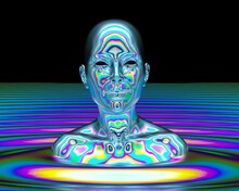 Surrealistic 3D Illustration Of A Bald Woman In An Iridescent Rippling Ocean.