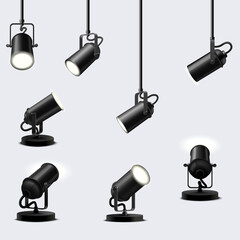 Vector set of ceiling and floor spotlights fixtures.