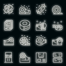Scotch Tape Icons Set. Outline Set Of Scotch Tape Vector Icons Neon Color On Black