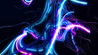 3d render. Abstract bg with lines. Multicolor flash of curved lines. Concept of computing neural network, artificial intelligence, AI. Neon lights like garland or lightnings.