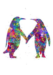 Wall Mural - Penguin Couple Animal watercolor, abstract painting. Watercolor illustration rainbow, colorful, decoration wall art.