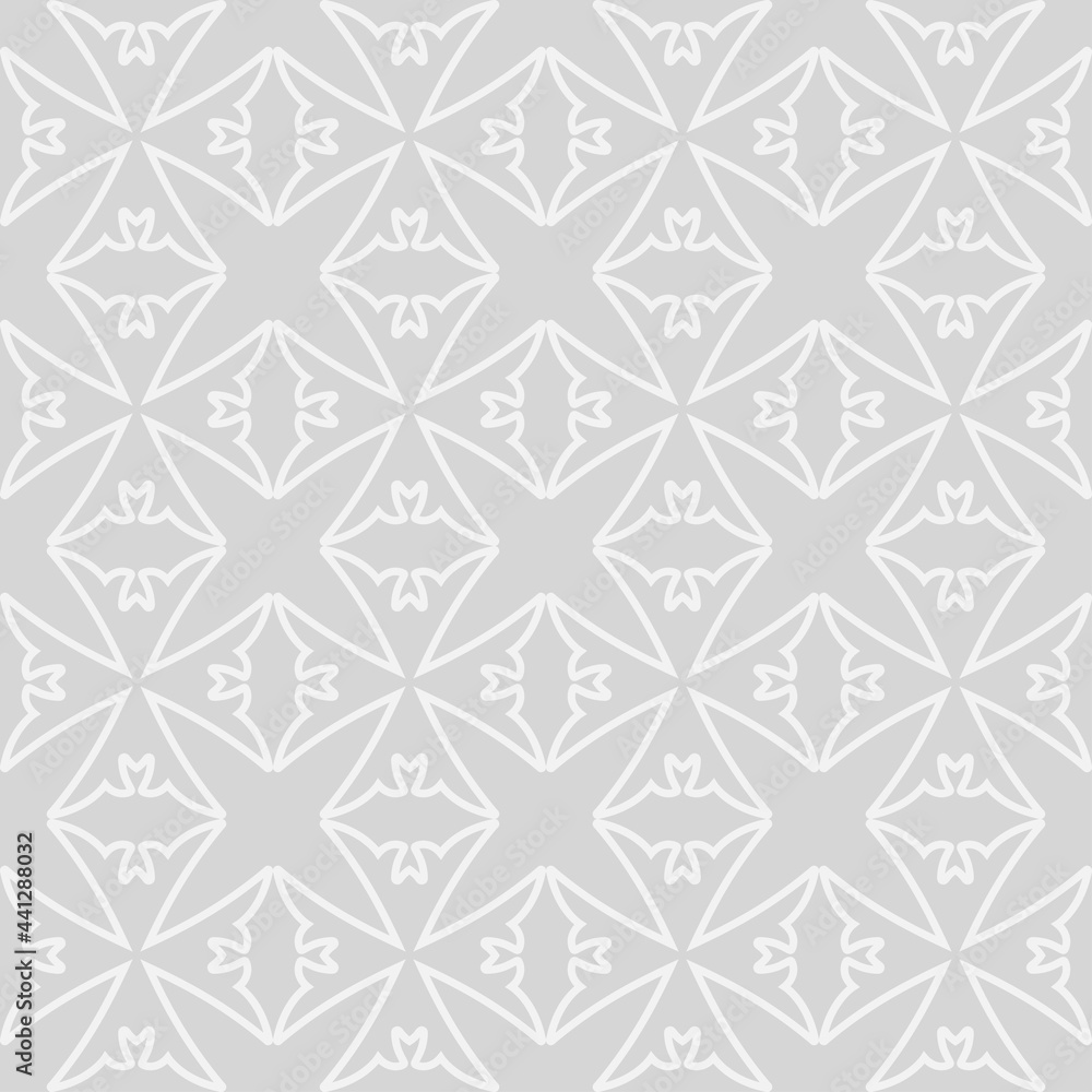 Abstract background pattern with geometric white ornament on light gray background, wallpaper. Seamless pattern, texture