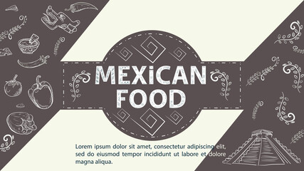 Wall Mural - Illustration sketch for the design in the center of the circle the inscription Mexican food Pyramid of Indians chili pepper and sweet pepper sprigs of plants on a coffee background