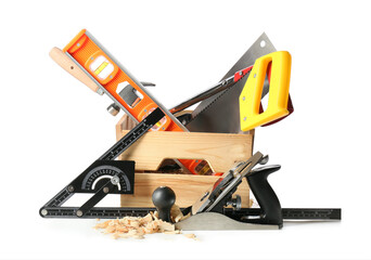 Box with different carpenter's tools on white background