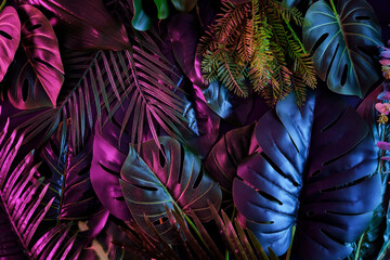 tropical dark trend jungle in neon illuminated lighting. exotic palms and plants in retro style.