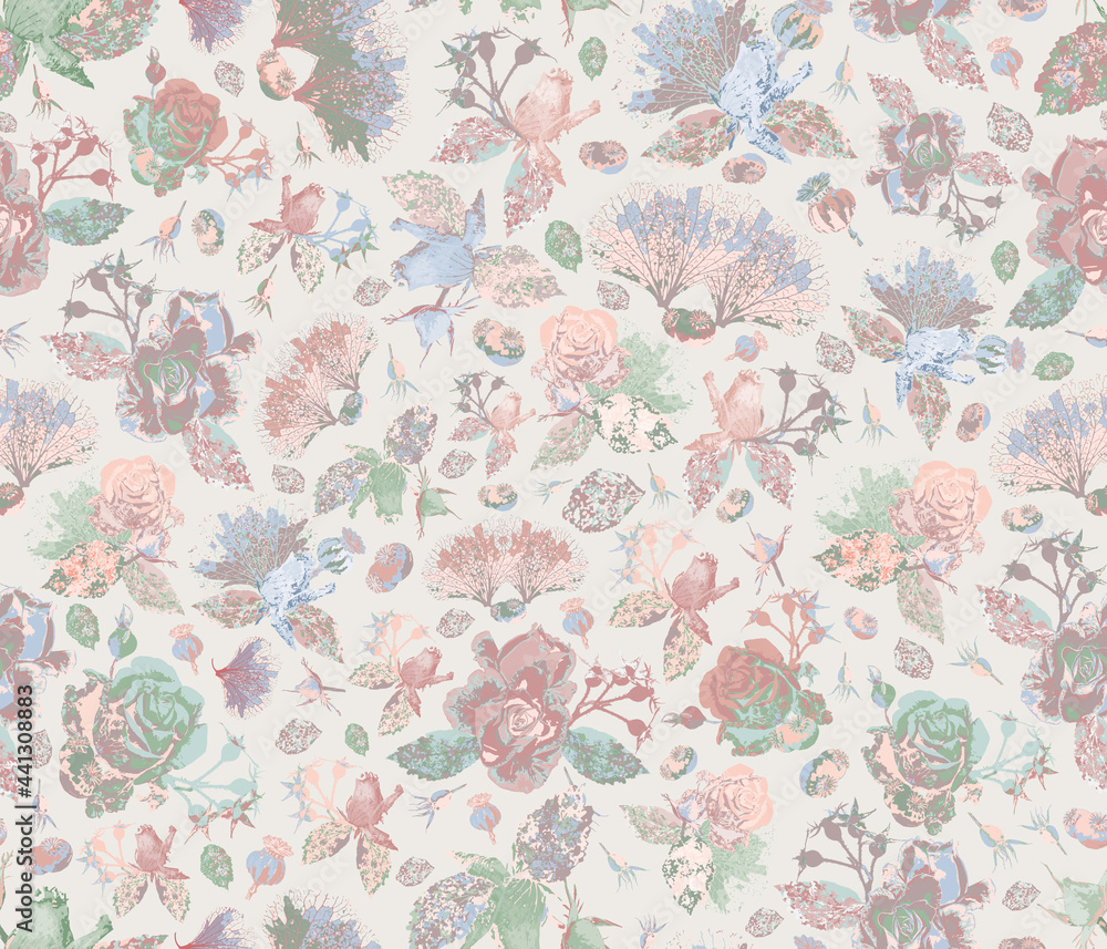 Printable seamless repeat pattern with watercolor effect roses, foliage ...