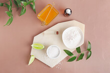 Natural Ingredients For Homemade Cosmetics On Color Background