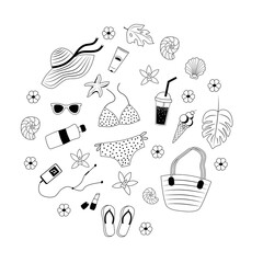 A set of cute summer items in  doodle style, inscribed in the shape of a circle. Swimsuit, flip-flops, cocktail. ice cream. Flat vector illustration