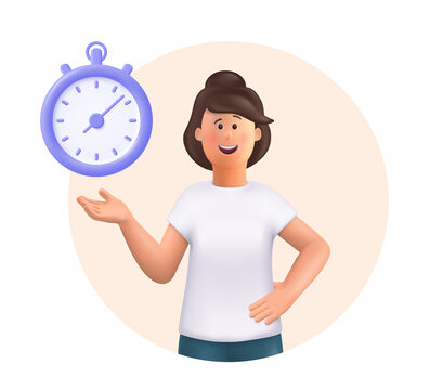 Wall Mural - Young woman Jane standing, smiling, pointing to timer. Time set, timing, self organization, day planning, time management concept. 3d vector people character illustration.