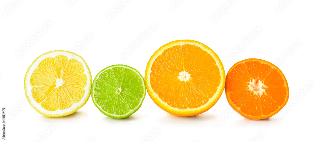 Healthy citrus fruits on white background
