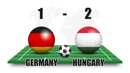 Aufkleber - Germany vs Hungary . Soccer ball with national flag pattern on perspective football field . Dotted world map background . Football match result and scoreboard . Sport cup tournament . 3D vector design