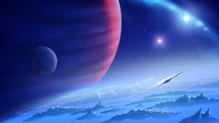 a spaceship is flying from an unknown planet in the universe with the background of a nebula and a g