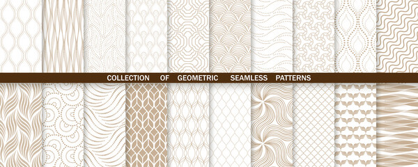 Geometric set of seamless gold and white patterns. Simple vector graphics
