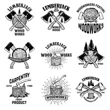 Set Of Crossed Lumberjack Axes On Wooden Stump Background. Lumberjack Wood Works. Design Element For Logo, Label, Sign, Poster. Vector Illustration