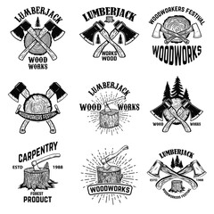 Wall Mural - Set of crossed lumberjack axes on wooden stump background. Lumberjack wood works. Design element for logo, label, sign, poster. Vector illustration